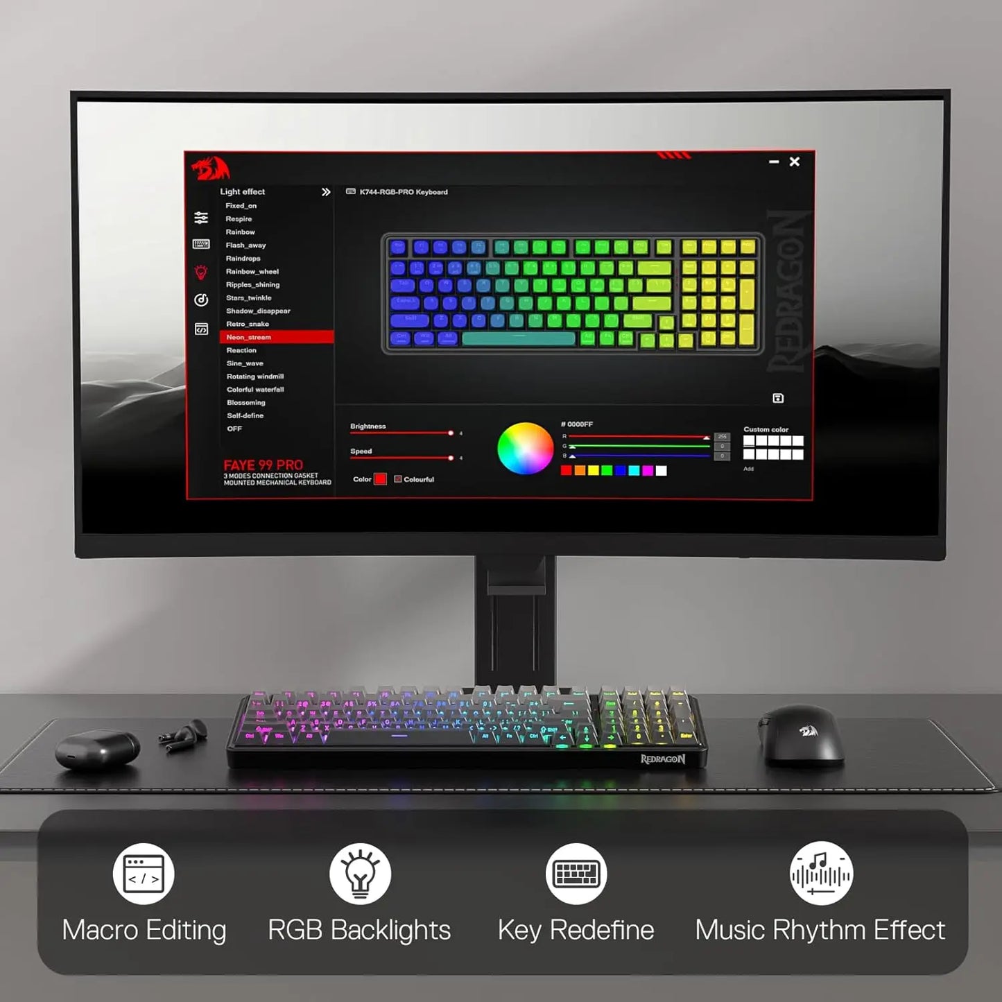 Redragon K744 GB PRO 99 Keys Wireless Gasket RGB Gaming Keyboard, 3-Mode Mechanical Keyboard w/Hot-Swap Socket, Gradient PBT Key