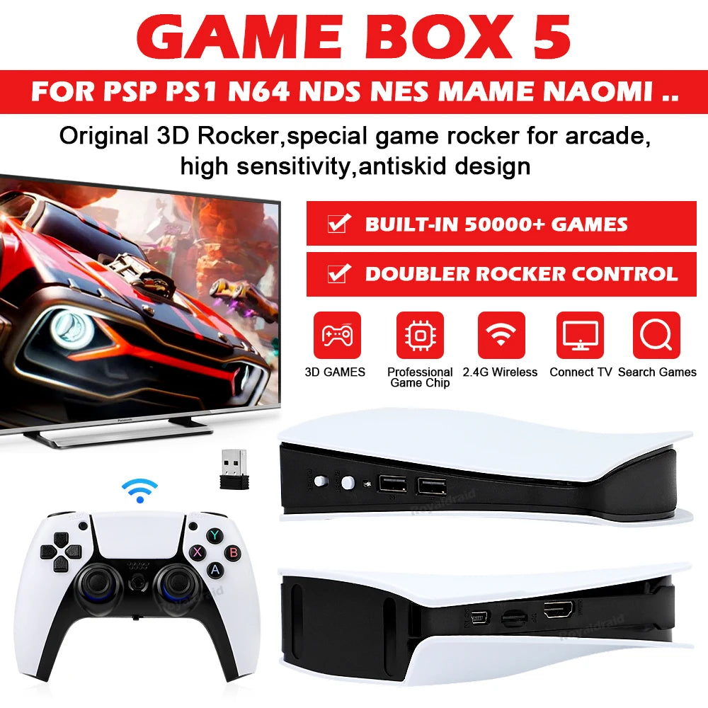 NEW GB5 Video Game Console 64GB/128GB 40000 Free Games HD TV Game Box 5 Two Gamepads For PS1/PPSPP/MAME Arcade Gaming Stick