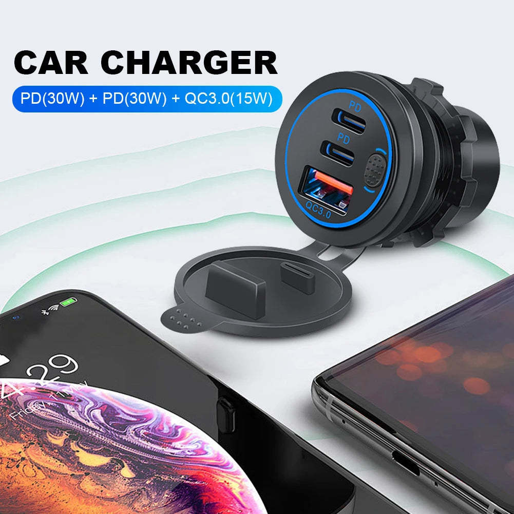 12V-24V Car Charger Socket 75W PD Type C QC 3.0 Fast Charge Adapter 3 Ports USB Outlet Waterproof Car Charger for Car RV Marine