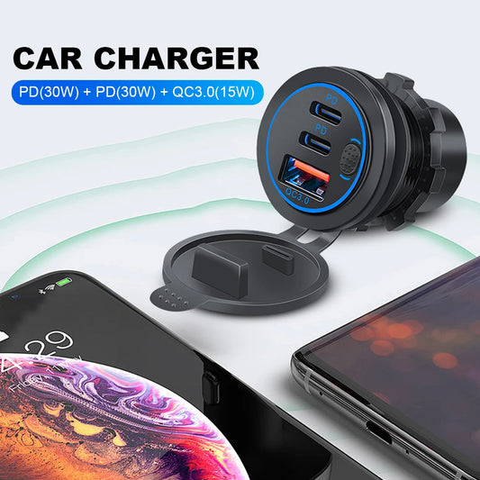 12V-24V Car Charger Socket 75W PD Type C QC 3.0 Fast Charge Adapter 3 Ports USB Outlet Waterproof Car Charger for Car RV Marine