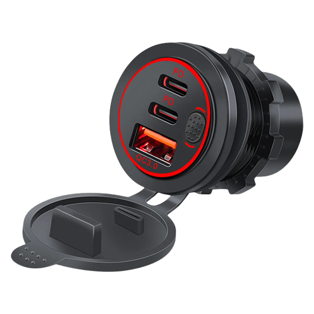 12V-24V Car Charger Socket 75W PD Type C QC 3.0 Fast Charge Adapter 3 Ports USB Outlet Waterproof Car Charger for Car RV Marine