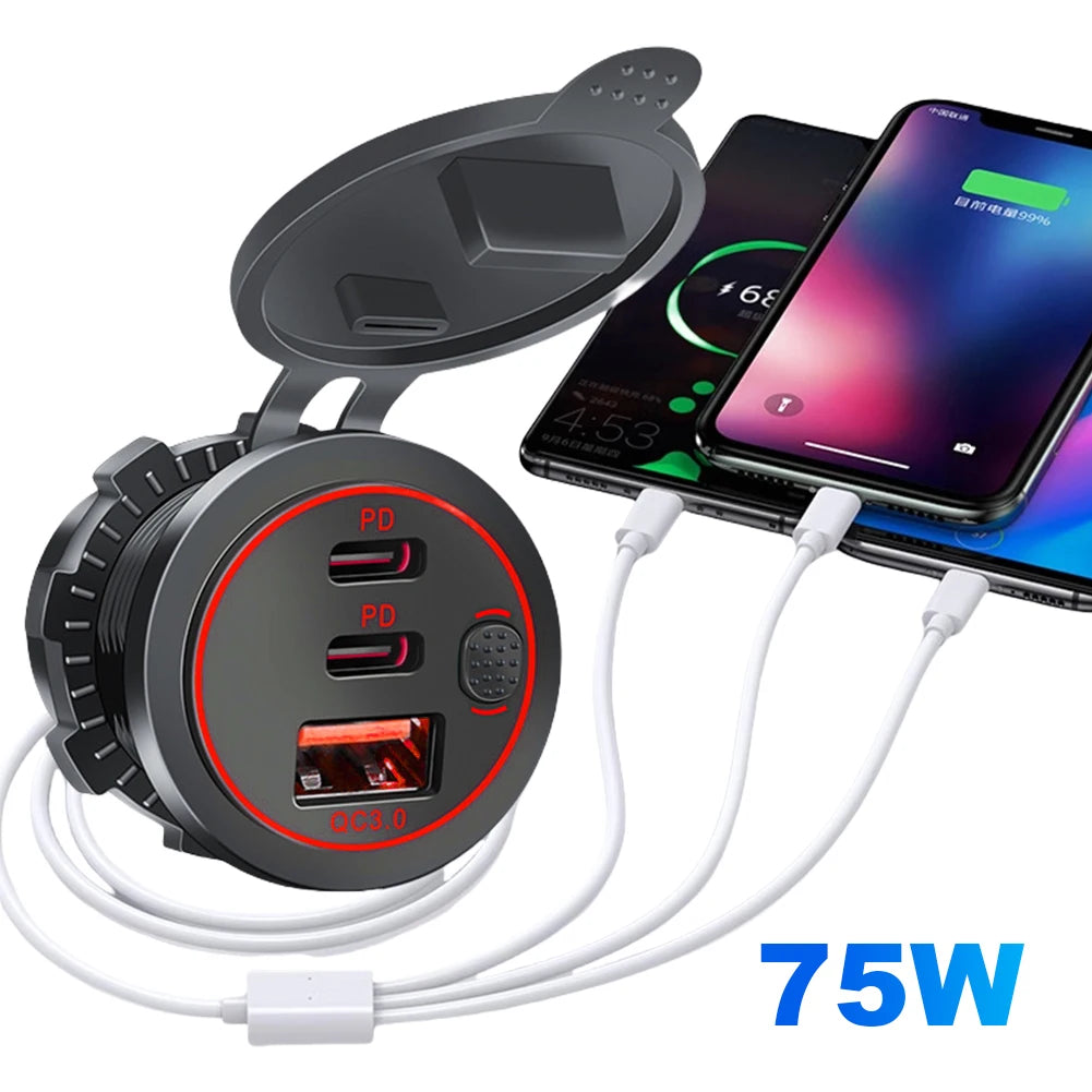 12V-24V Car Charger Socket 75W PD Type C QC 3.0 Fast Charge Adapter 3 Ports USB Outlet Waterproof Car Charger for Car RV Marine