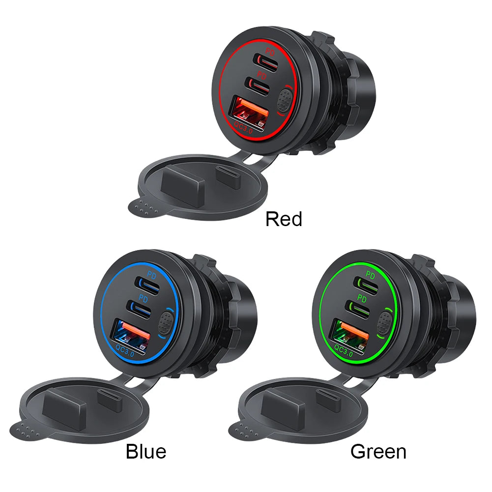 12V-24V Car Charger Socket 75W PD Type C QC 3.0 Fast Charge Adapter 3 Ports USB Outlet Waterproof Car Charger for Car RV Marine