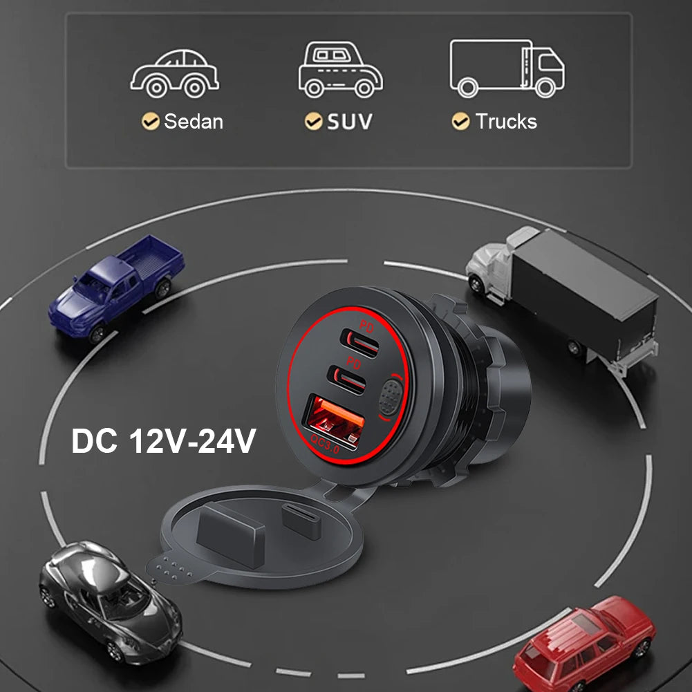 12V-24V Car Charger Socket 75W PD Type C QC 3.0 Fast Charge Adapter 3 Ports USB Outlet Waterproof Car Charger for Car RV Marine