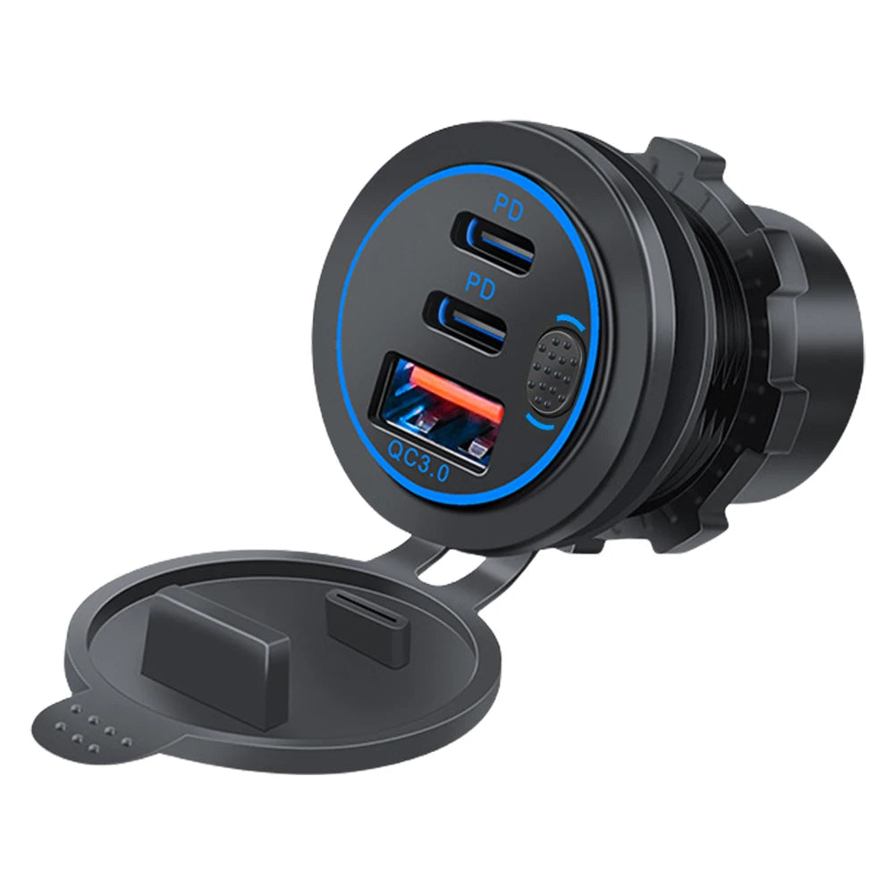 12V-24V Car Charger Socket 75W PD Type C QC 3.0 Fast Charge Adapter 3 Ports USB Outlet Waterproof Car Charger for Car RV Marine